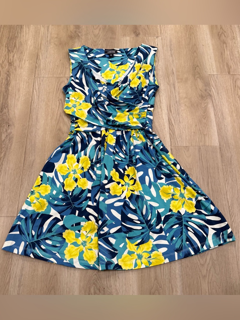 Lands' End Pima Cotton Blend Teal Blue Floral Faux Wrap Dress with Yellow Blooms
